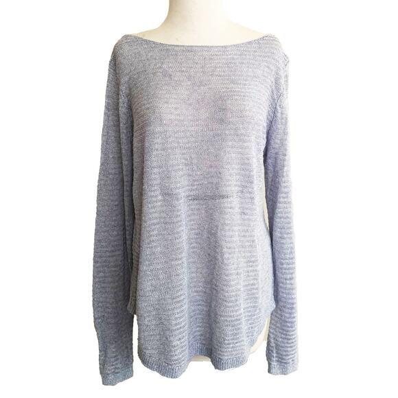 Tahari Blue Linen Boatneck Ribbed LS Sheer Sweater Size L - Picture 2 of 4